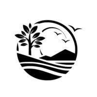 Stylized Black and White Landscape Tree, Mountains, Water, and Flying Birds Enclosed in a Circular Frame. vector