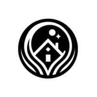 Black and White Circular A house embraced by stylized organic lines, set against a night sky with moon and star. vector