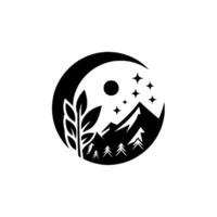 A serene black and white circular landscape featuring a mountain range under a moon and stars, with stylized foliage. vector