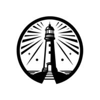 Monochromatic Lighthouse Emblem Circular with Beam Radiance, Stars, and Pathway Guidance. vector