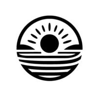 Minimalist Black and White Sunset in a Circle with Lines Representing Ocean, Clouds and Rays of Sun. vector
