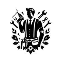 Silhouette of a Skilled Handyman Holding Drill Surrounded by Tools and Foliage in a Clean, Monochromatic . vector