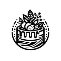 A minimal, circular, blackandwhite features a layered cake with fruit and foliage, encircled by dotted lines. vector
