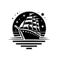 A stark black and white illustration of a vintage sailing ship at night, framed within a circle of stars and celestial elements, sailing on layered water. vector