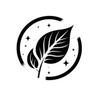 Black and White Minimalist Leafy Branch with Veins, Encircled by a Starry Background, Celestial Nature Concept. vector