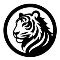 Bold, minimalist black and white illustration of a tigers profile within a circular frame, showcasing its strength and elegance. vector