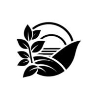 Symbolic minimalist black and white featuring a sprig with leaves set within a landscape of hills, sun, and layered elements. vector