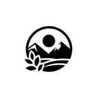 Black and white minimalist featuring stylized mountains, sun, field, and foliage within a circular frame, set against a white background. vector