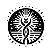 Intricate Black White Circular A Woven, Twisting Stem with a Leafy Crown, Surrounded by Starbursts and Starry Embellishments. vector