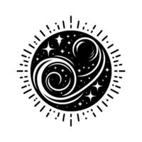 Cosmic emblem of swirling galaxies, crescent moons, and stars encased in a radiant halo, rendered in a striking monochrome. vector