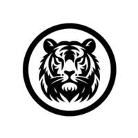 Intricate Black and White Circular Tiger Head , Depicting Detailed Face within a Bold Outline, Minimalist . vector