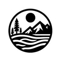 Black and white minimalist circular emblem of a mountain landscape scene, with a sun, evergreen trees, and water lines. vector