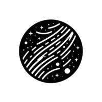 Abstract minimalist black and white celestial illustration of a stylized planet with stars and linear striations. vector