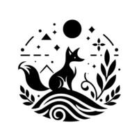 Minimalist Black and White Illustration A stylized fox silhouette seated on a flowing landscape beneath a celestial circle, adorned with geometric shapes and flora. vector