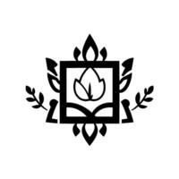 Elegant, minimalist, and symmetrical floral emblem featuring a stylized flower within a square frame, adorned with leaves and ornamental flourishes in black and white. vector
