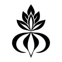 Elegant black and white floral , symmetrical, featuring overlapping leaves and curved petallike shapes, creating a stylized botanical emblem. vector