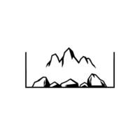 Minimalist Black and White Line Art Abstract Mountain Range above Rocks, Enclosed Frame on White Backdrop. vector