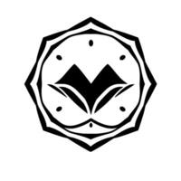 A bold, black and white geometric emblem with a central booklike form inside a multilayered, multifaceted circular frame. vector