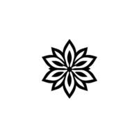 Symmetric black and white flowerlike centered on a plain white background, showcasing intricate petals in geometric arrangement. vector