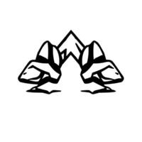 Symmetrical black and white line art of two stylized fox heads facing each other with a mountainlike shape between. vector