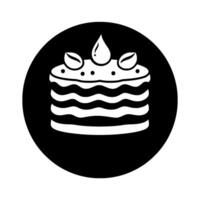 A monochromatic illustration of a tiered cake with coffee bean toppings, topped with a droplet, set within a black circle. vector