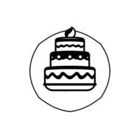 Stylized Black and White Celebration Cake Within a Circle, Featuring Tiers, Candle, and a Festive . vector