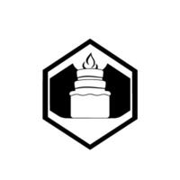 Black and white geometric featuring a tiered cake with a flame on top, enclosed in a hexagon shape. vector