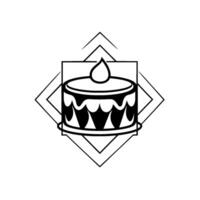 Black and white minimalist illustration of a cake with a single candle, set in a square and rhombus geometric frame, on white. vector