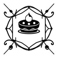 Black and white ornate cake emblem inside a decorative frame with swirling wrought iron style elements on a white background. vector
