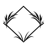 Blackandwhite stylized nature illustration featuring symmetrical wheatlike elements framing a diamondshaped border with a minimalist aesthetic. vector