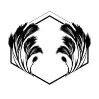 Symmetrical black and white image of ornamental grass bouquets framing a geometric hexagon shape. vector