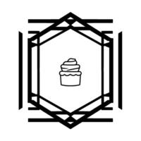 Black and white line art of a cupcake inside a geometric frame, surrounded by striped borders, minimal and modern . vector
