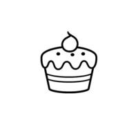 A minimalistic black and white illustration of a cupcake, featuring wavy frosting, three dots, and a cherrylike topper. vector