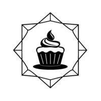 A stylized black and white cupcake with decorative frosting, nestled within a geometric starshaped frame, on a clean white background. vector