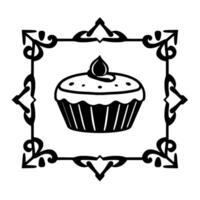 Elegant Black White Cupcake , Centered Within Decorative Ornate Frame, Isolated on White Background. vector
