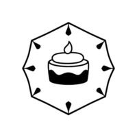 Minimalist black and white illustration of a cake with a lit candle, enclosed in a decorative octagonal frame, suitable for logos or icons. vector