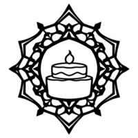 Minimalist Black and White Mandala with a TwoTiered Cake and Lit Candle, Symbolizing Celebration and Special Occasions. vector