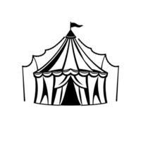A bold monochrome illustration showcasing a classic circus tent with striped roof, scalloped edges, a pointed flag, and black and white color scheme. vector
