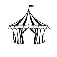 Black and White Circus Tent Illustration with Flag, Striped Awning, and Open Entrance, Isolated on White Background. vector