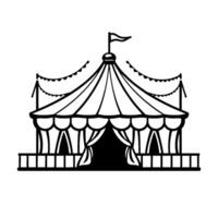 illustration of a stylized circus tent with a flag on top, bunting, and draped entrance, in black and white. vector