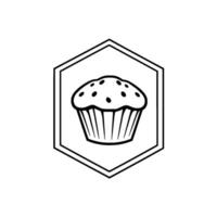 A black and white minimalist illustration of a muffin with dotted top inside a hexagonal frame, perfect for bakery logos. vector