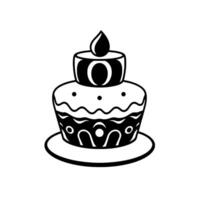 Stylized Black and White Birthday Cake with Candle, Featuring Decorative Patterns and Two Tiers on a Plate. vector