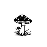 Stylized Monochrome Illustration of Two Mushrooms, One Large Spotted, and Grass on White Background, Art. vector