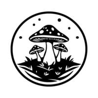 Black and White Round Emblem of Mushrooms in a Meadow with Dots, Simple . vector