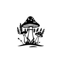 Monochrome illustration of three stylized toadstools, varying sizes, speckled caps, set amidst grass and leafy elements, isolated on white. vector