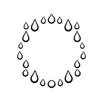 A minimalistic, circular arrangement of stylized raindrops, black ink on a bright white background, creating a clean and modern visual statement. vector