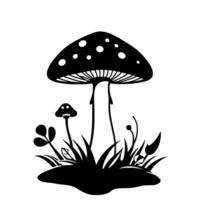 Stylized Black and White Mushroom Scene Large Spotted Cap with Smaller Companion and Grass in Detailed Silhouette. vector