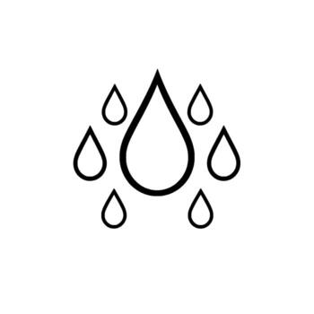 Minimalist black and white line art of multiple raindrops falling, forming a stylized, abstract water on white background. vector