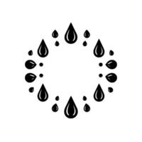 A circular arrangement of stylized black water droplets of various sizes, with highlights, on a bright white background, creating a symmetrical and minimalist . vector
