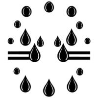 A minimalistic abstract featuring black water droplets and oval shapes, with a geometric pattern, and a horizontal double line, on a white background. vector